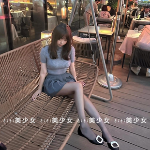 【TiTi美少女】辣妹高领紧身短袖收腰短款针织衫女生外穿打底上衣