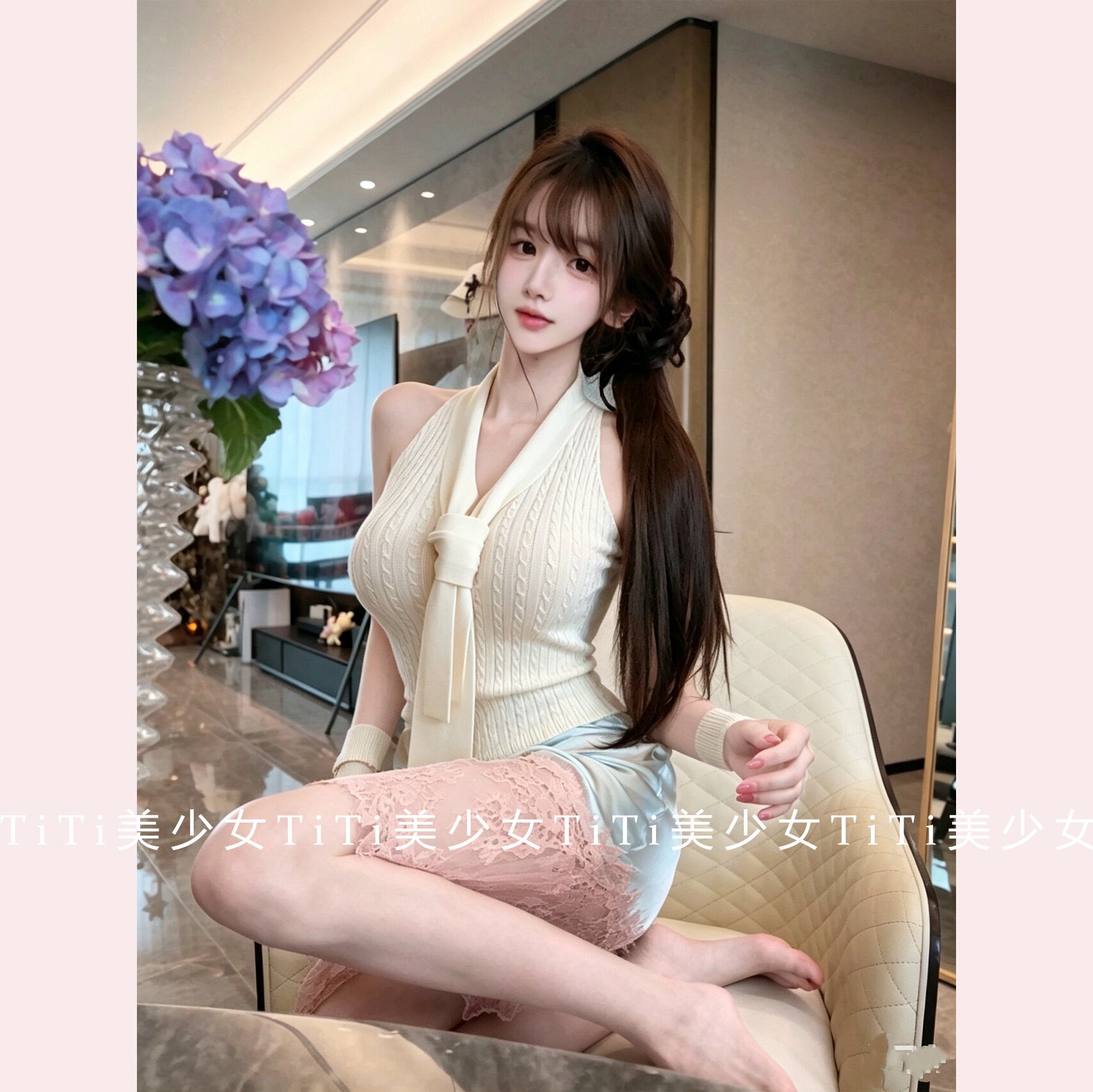 【TiTi美少女】纯欲风气质露肩无袖挂脖飘带显瘦背心麻花针织上衣