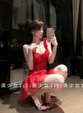 【TiTi美少女】纯欲风复古浪漫法式红色重工蕾丝钉花连衣裙短裙女
