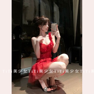 【TiTi美少女】纯欲风复古浪漫法式红色重工蕾丝钉花连衣裙短裙女