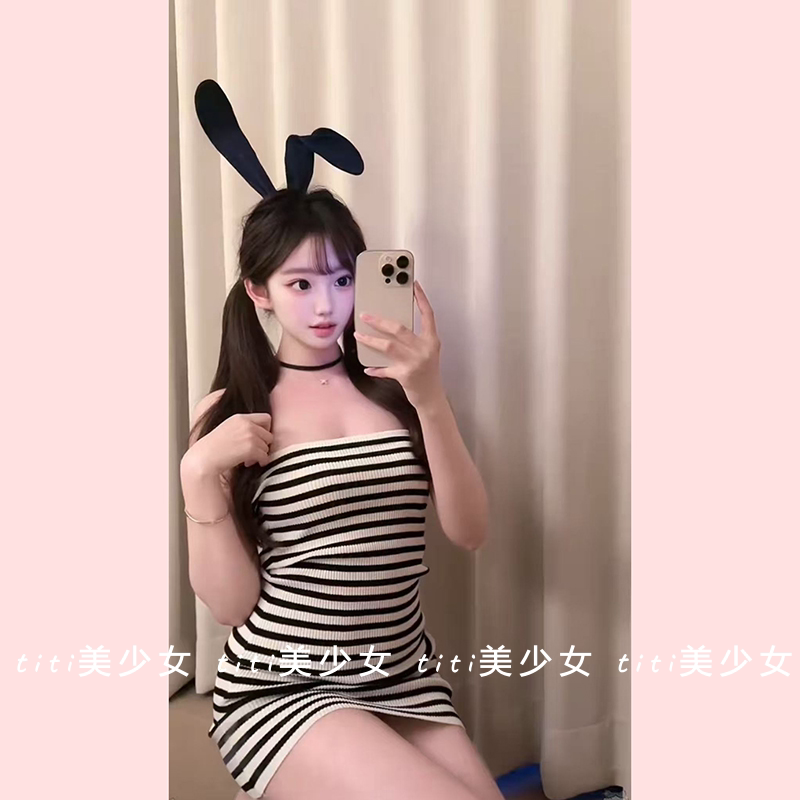 【TiTi美少女】条纹针织吊带包臀连衣裙女春季纯欲风短裙