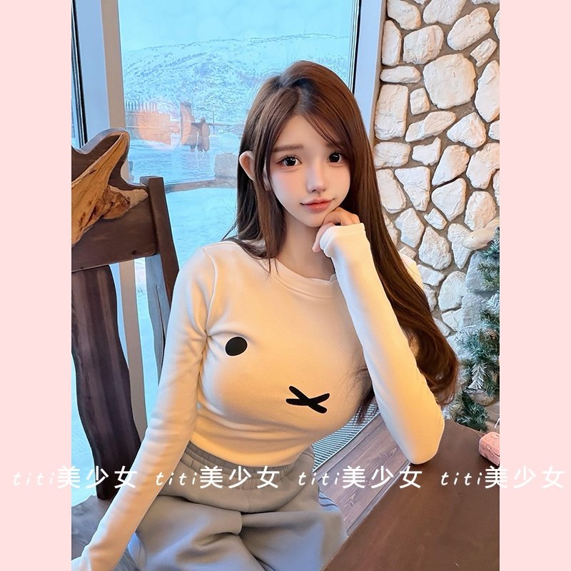 【TiTi美少女】甜美德绒印花打底长袖T恤可爱内搭修身显瘦上衣