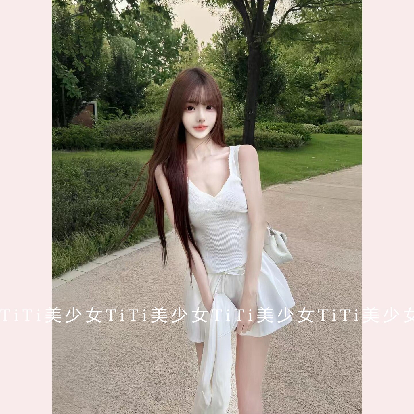 【TiTi美少女】钩花镂空针织抹胸吊带v领背心上衣/防走光蓬蓬短裙