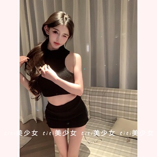 纯欲性感风多色镂空毛衣小高领针织包臀短裙套装 TiTi美少女
