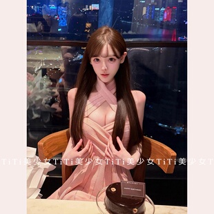 【TiTi美少女】纯欲风性感交叉挂脖露肩收腰连衣裙无袖针织短裙女