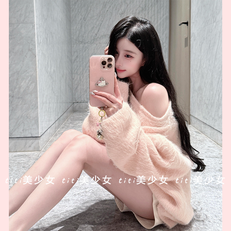 【TiTi美少女】软糯仿水貂毛斜肩长袖毛衣针织衫露肩中长款上衣,女装/女士精品,大码内搭,淘宝优惠券,粉丝福利购,淘宝优惠卷