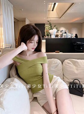 性感夏新款针织一字肩交叉上衣