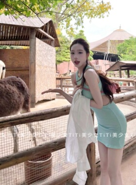 【TiTi美少女】夏上新纯欲风性感露腰针织弹力连衣裙蓝色包臀短裙