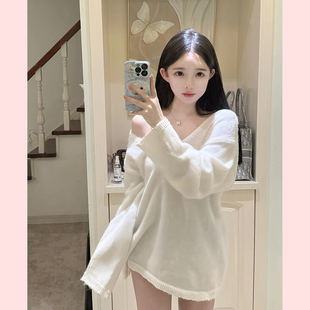 【TiTi美少女 】纯欲v领长袖毛衣女春季新款温柔风罩衫针织衫上衣