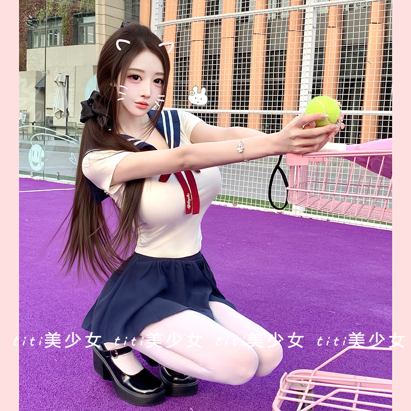 【TiTi美少女】纯欲套装修身显瘦海军领t恤上衣+半身裙JK两件套女,女装/女士精品,大码内搭,淘宝优惠券,粉丝福利购,淘宝优惠卷