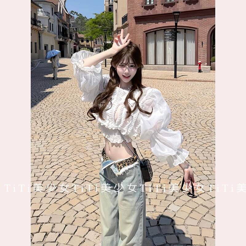 【TiTi美少女】纯欲风氛围感秋季雪纺衬衫设计感灯笼袖木耳边上衣