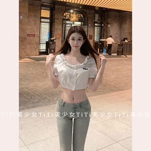 【TiTi美少女】少女氛围感白色娃娃领收腰短袖衬衫秋冬学院风上衣
