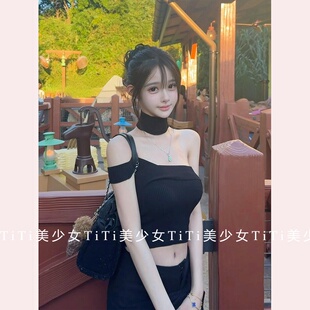 【TiTi美少女】纯欲风性感百搭黑色抹胸脖套无袖针织上衣夏季新款