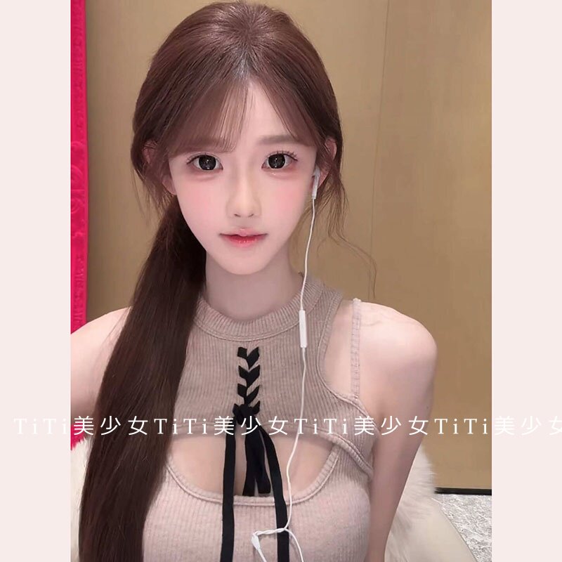 【TiTi美少女】镂空纯欲性感修身绑带挂脖显胸吊带小背心内搭上衣