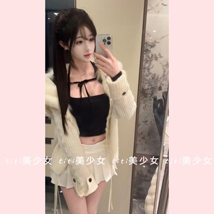 【TiTi美少女】纯欲毛毛拼接毛衣开衫女针织外套上衣外搭+百褶裙
