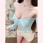 短上衣 一字领T恤甜美修身 TiTi美少女 纯欲风辣妹性感收腰长袖