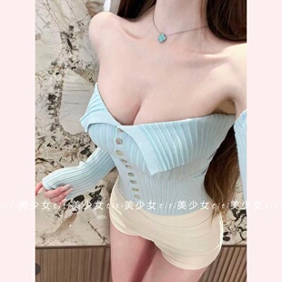 一字领T恤甜美修身 纯欲风辣妹性感收腰长袖 短上衣 TiTi美少女