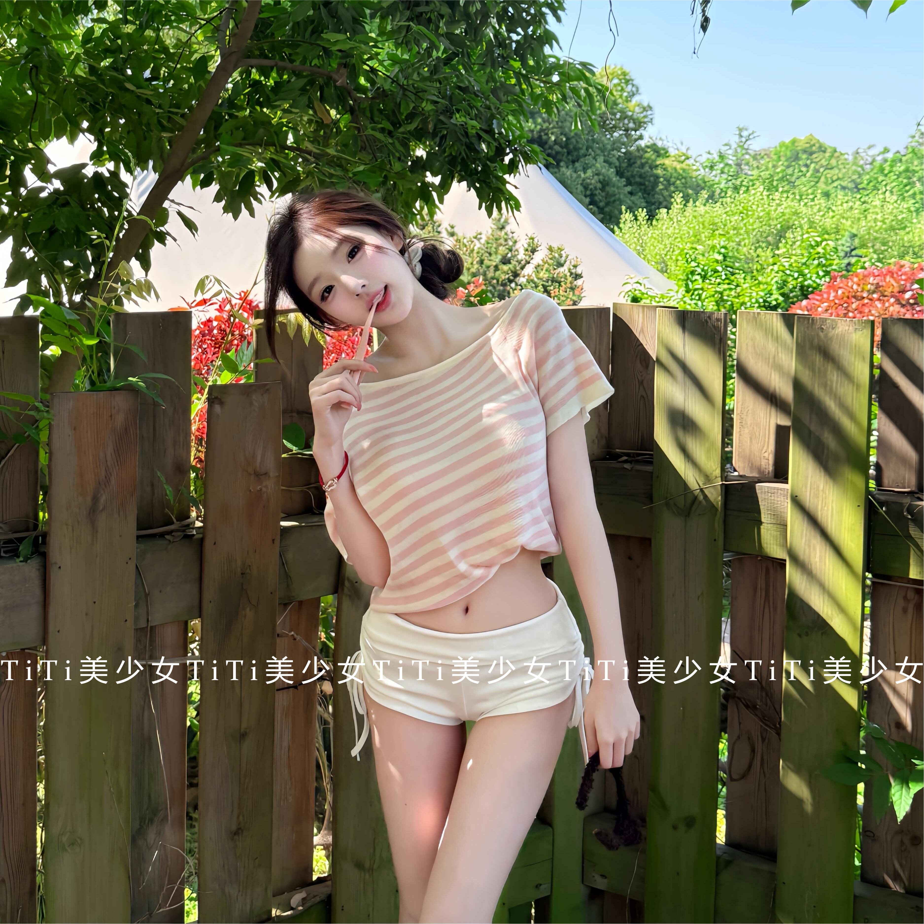 【TiTi美少女】夏季上新纯欲风显嫩斜肩针织条纹上衣甜美打底女装