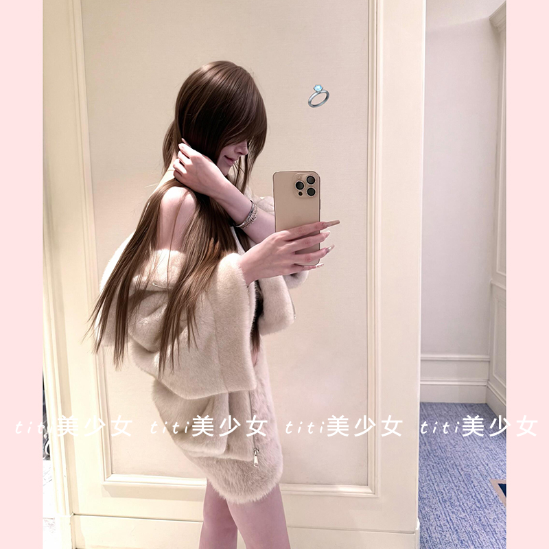 【TiTi美少女】纯欲风秋冬新款毛毛上衣甜美中袖连帽仿皮草外套