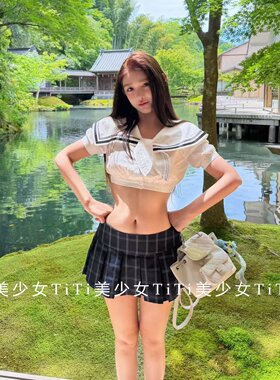 短袖衬衫露脐上衣百褶短裙套装女