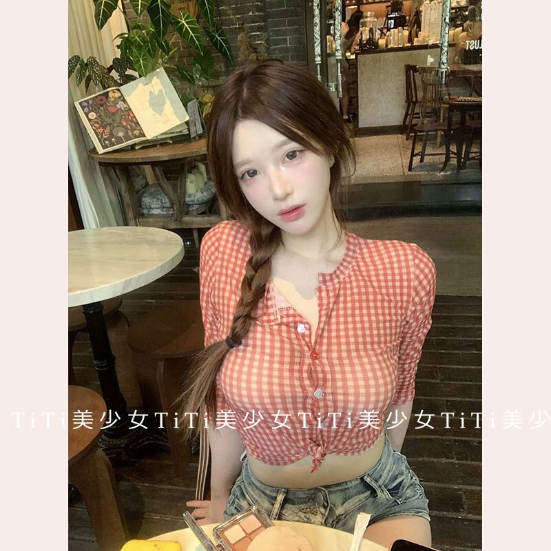 【TiTi美少女】纯欲风网纱长袖格子防晒衬衫女2026秋新款紧身上衣