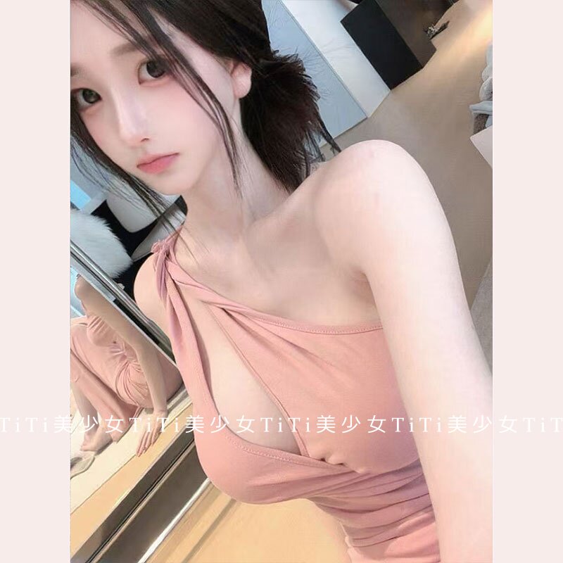 【TiTi美少女】女友感纯欲扭结镂空斜肩设计感连衣裙女秋开叉长裙