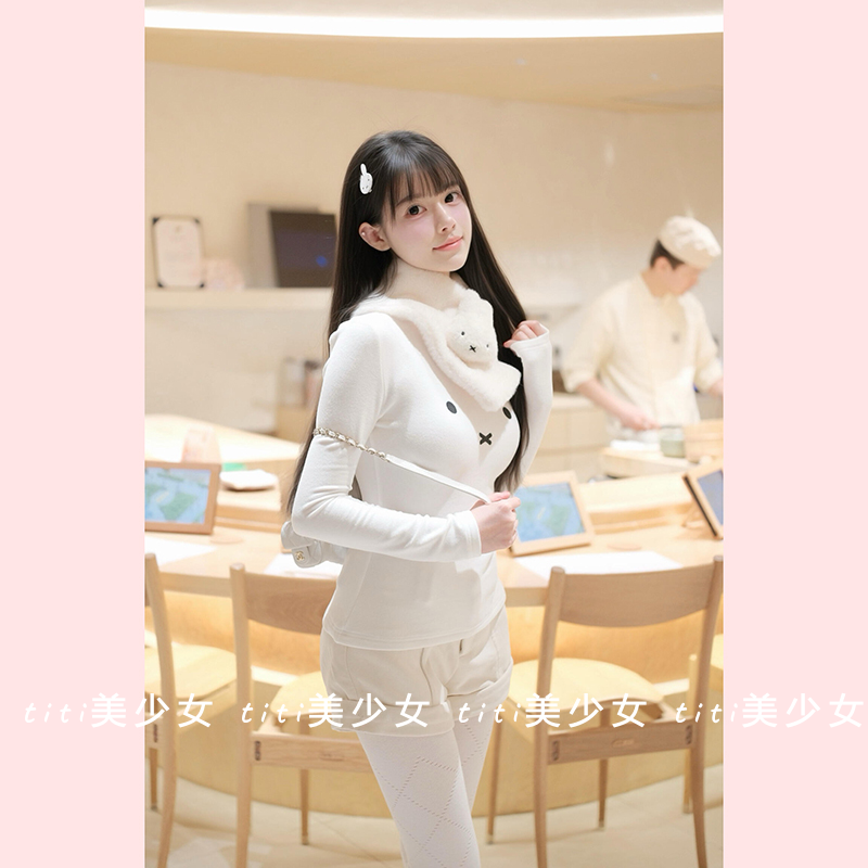 【TiTi美少女】纯欲风印花打底长袖T恤可爱圆领内搭修身显瘦上衣,女装/女士精品,大码内搭,淘宝优惠券,粉丝福利购,淘宝优惠卷