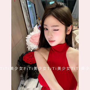 【TiTi美少女】性感辣妹大红色流苏褶皱紧身显瘦无袖连衣裙包臀裙