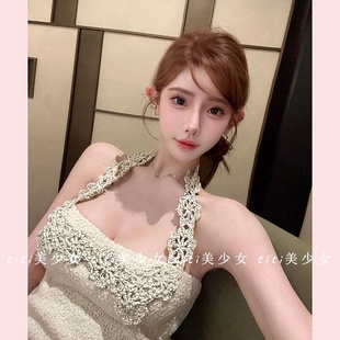 短款 上衣秋季 纯欲手工钩花针织衫 露背挂脖吊带背心 TiTi美少女
