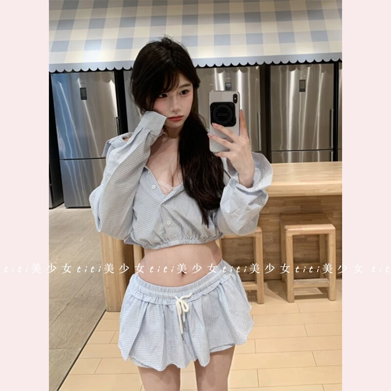 【TiTi美少女】纯欲风套装女春2026短款长袖衬衣抽绳半身裙两件套