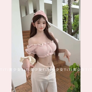 【TiTi美少女】纯欲风一字肩花边露脐短袖褶皱针织短款上衣女秋冬