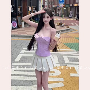 【TiTi美少女】纯欲心形领修身后绑带性感抹胸上衣蕾丝花边百褶裙