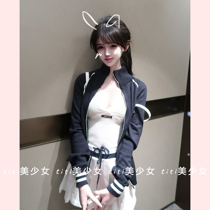 【TiTi美少女】学院针织拉链修身减龄长袖外套针织背心百褶裙套装