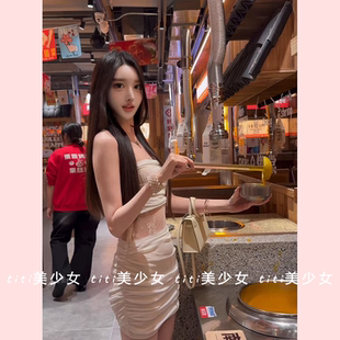 抹胸连衣裙修身 拼接网纱无袖 裙子纯欲收腰包臀短裙 TiTi美少女