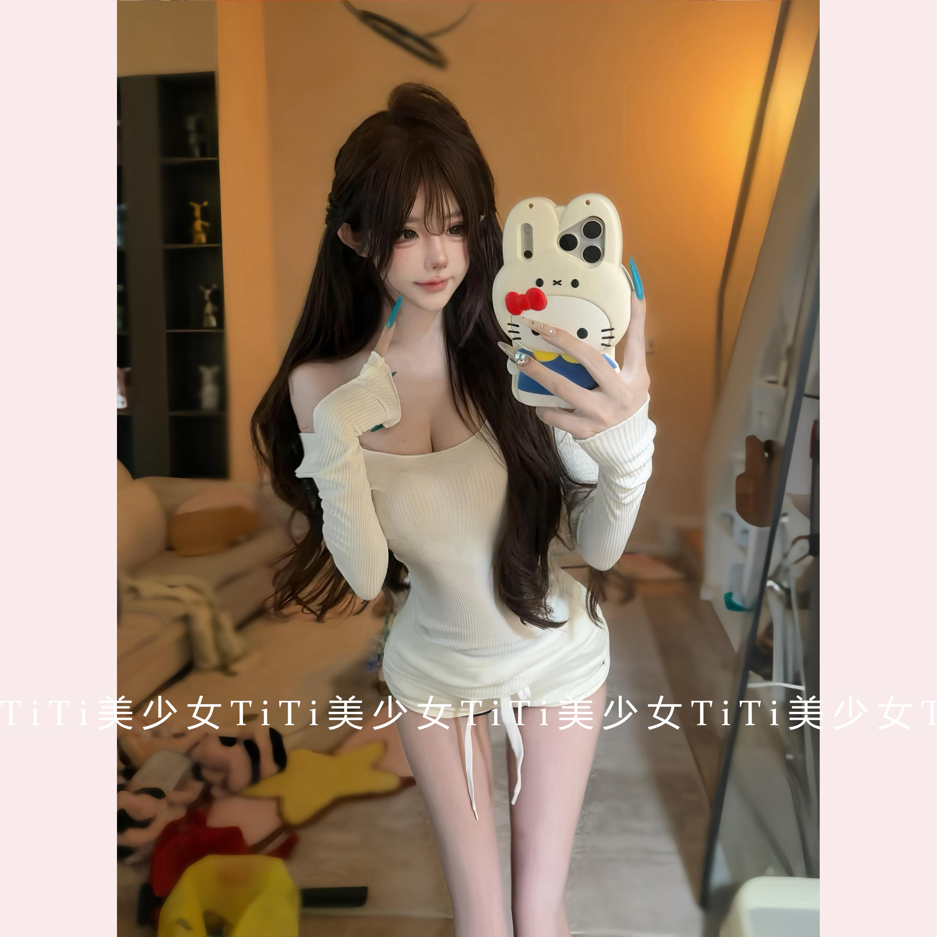 【TiTi美少女】新款性感辣妹微透长袖T恤弹力显瘦百搭打底衫上衣