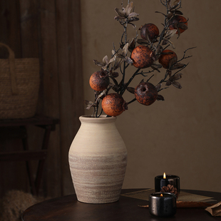 复古粗陶花瓶 侘寂风仿真花摆设花插做旧花器 吸水透气三角梅陶罐