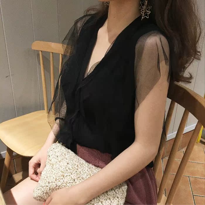 夏装宽松V领网纱无袖开衫上衣 港味ch百搭女