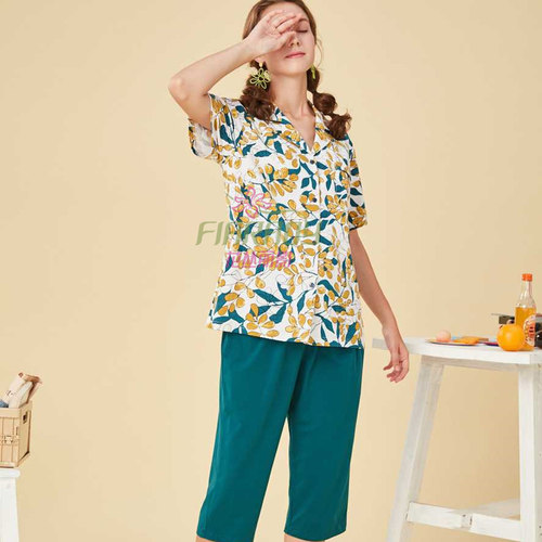 清仓花丛丽影品牌睡衣女士夏季薄款短袖七分裤套装开衫碎花家居服