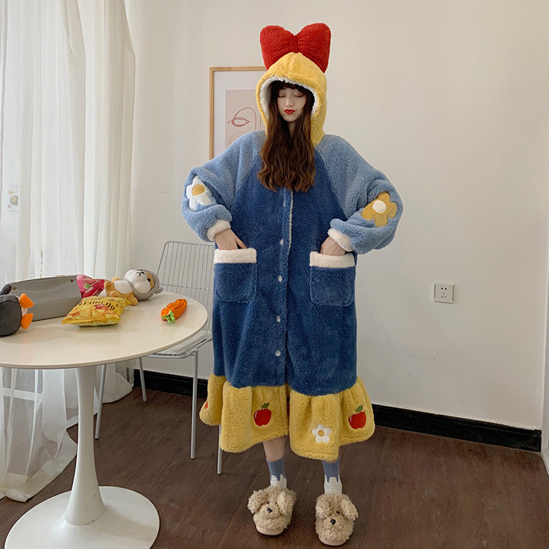 Real shot real price ~ lovely loose sweet princess with hood bow Plush nightdress