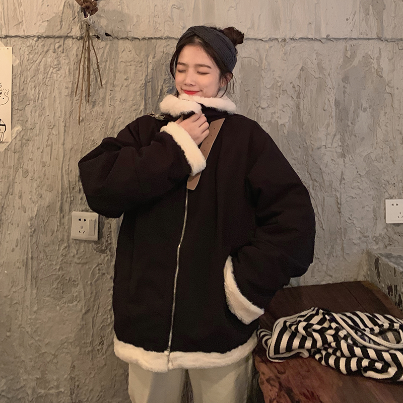 Real shot real price ~ autumn winter Korean retro wool lamb wool coat women's loose jacket top