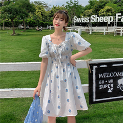 Real price ~ girl fresh daisy print pleated double waist lace up square neck dress