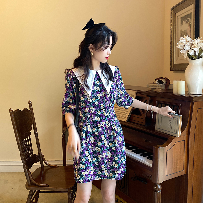 Real photo real price new summer style chiffon Polo sleeve floral retro dress