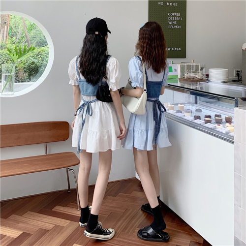 Real price bubble sleeve A-Shirt dress + denim suspender vest 2-piece set