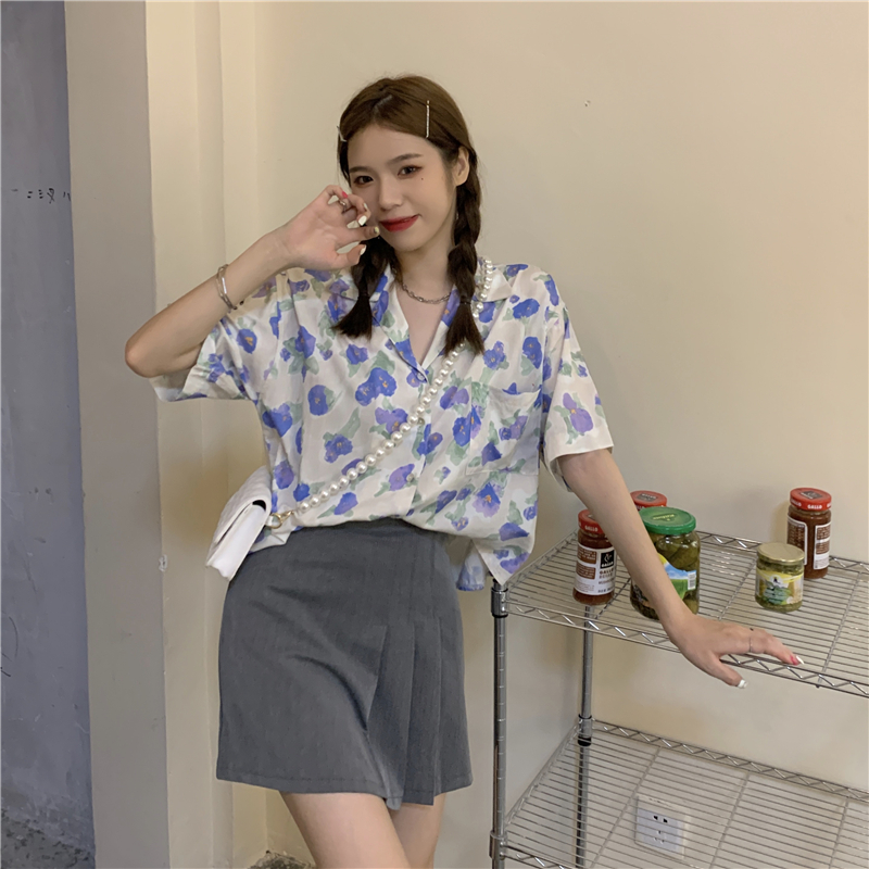 Hong Kong style retro floral shirt women's loose Casual Short Sleeve Lapel shirt