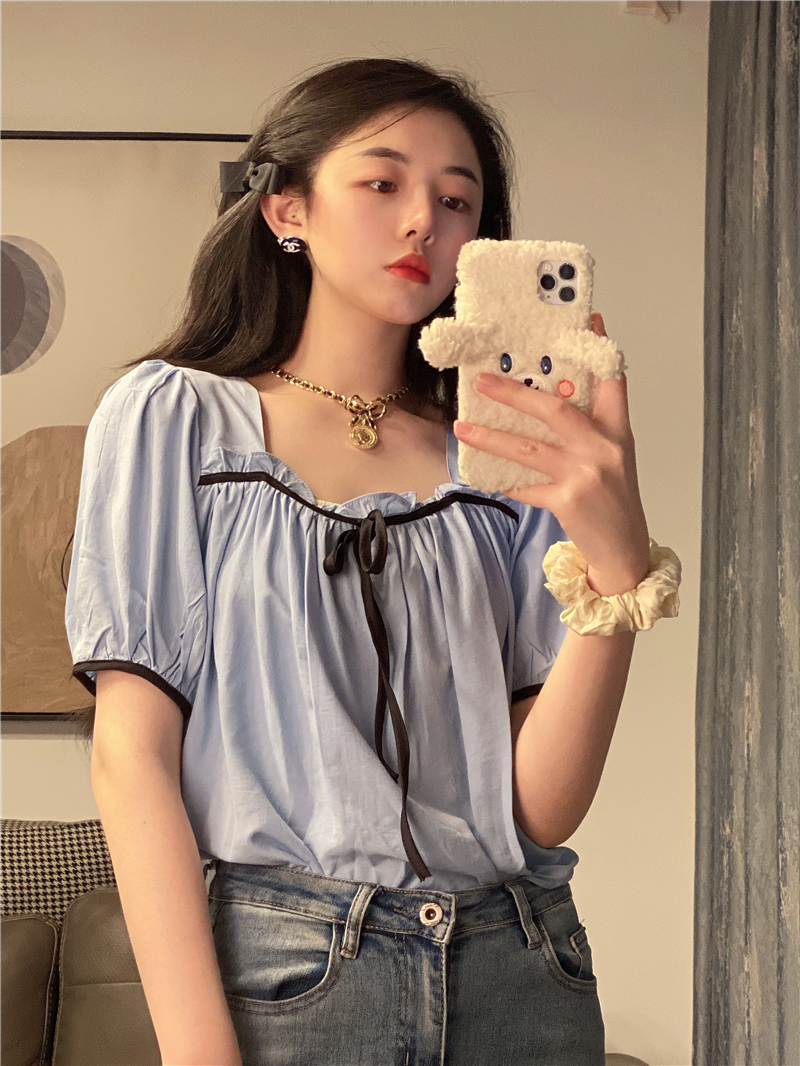 Real price ~ foreign chic fashion ear edge blouse women's short sleeve square collar lace up age reducing shirt