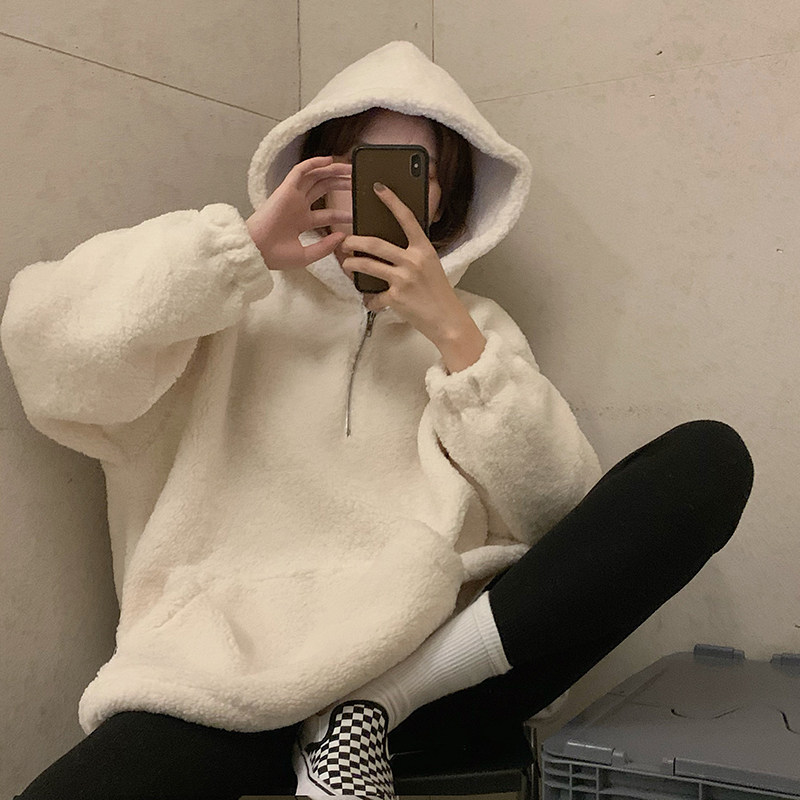 Control 3 real price ~ Korean version chic lazy sweater women's versatile zipper hooded Lamb Fur top
