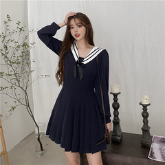 Real shot real price ~ Korean college style Navy collar long sleeve dress Japanese sailor dress pleated skirt