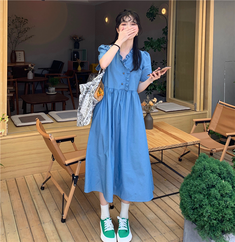 實拍實價~法式木耳邊長裙女寬鬆顯瘦休閒短袖連衣裙