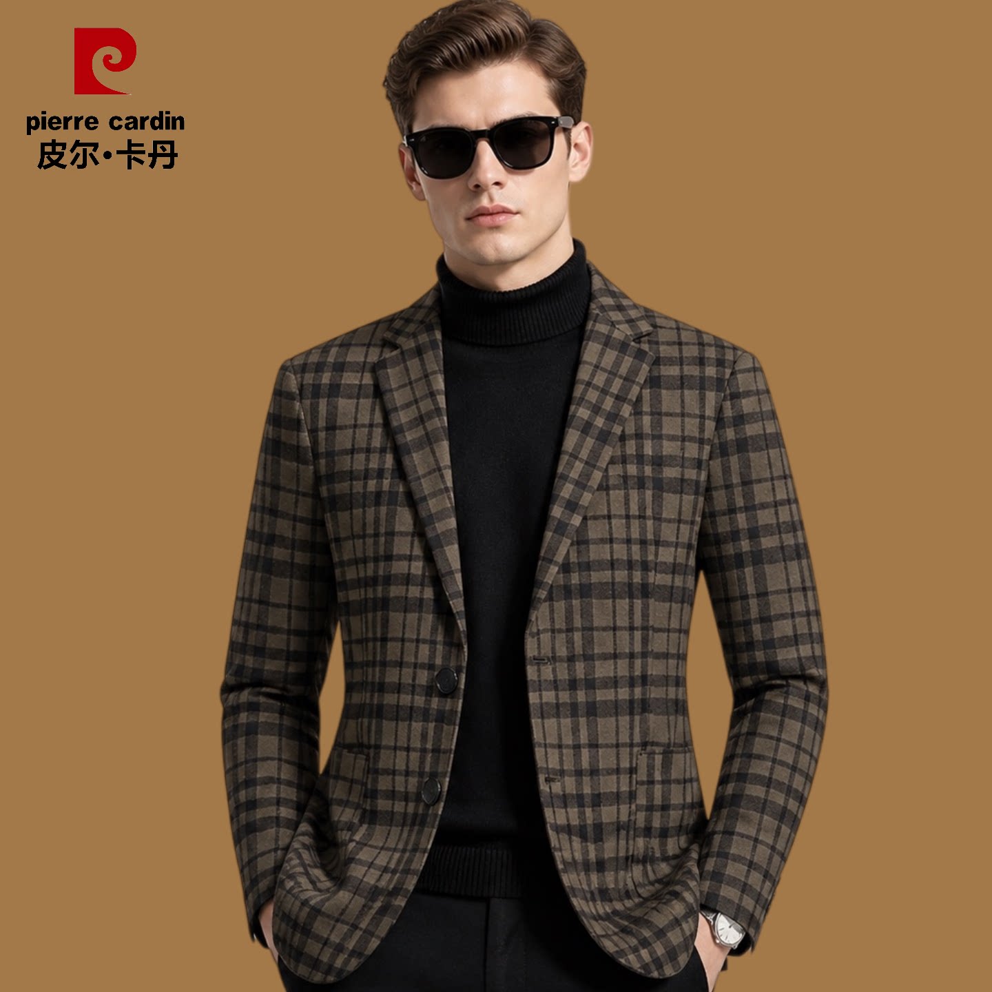 皮尔卡丹西服男装春秋季新款商务休闲格子条纹男士西装外套爸爸装