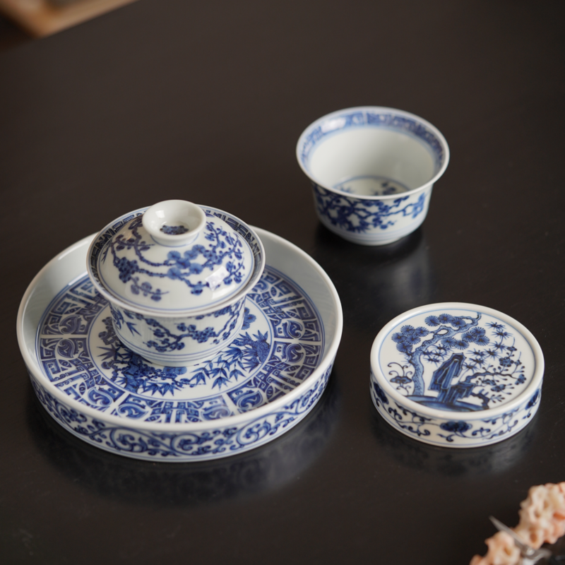 手绘浓郁雅致茶具盖碗套组松竹梅